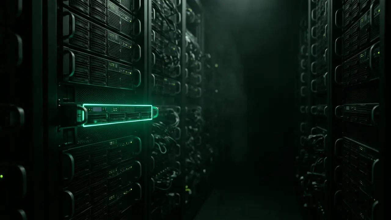 Rows of dark servers with one highlighted by emerald edge light