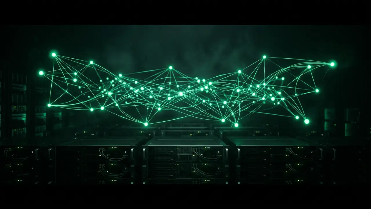 Abstract network of glowing emerald nodes over dark server hardware